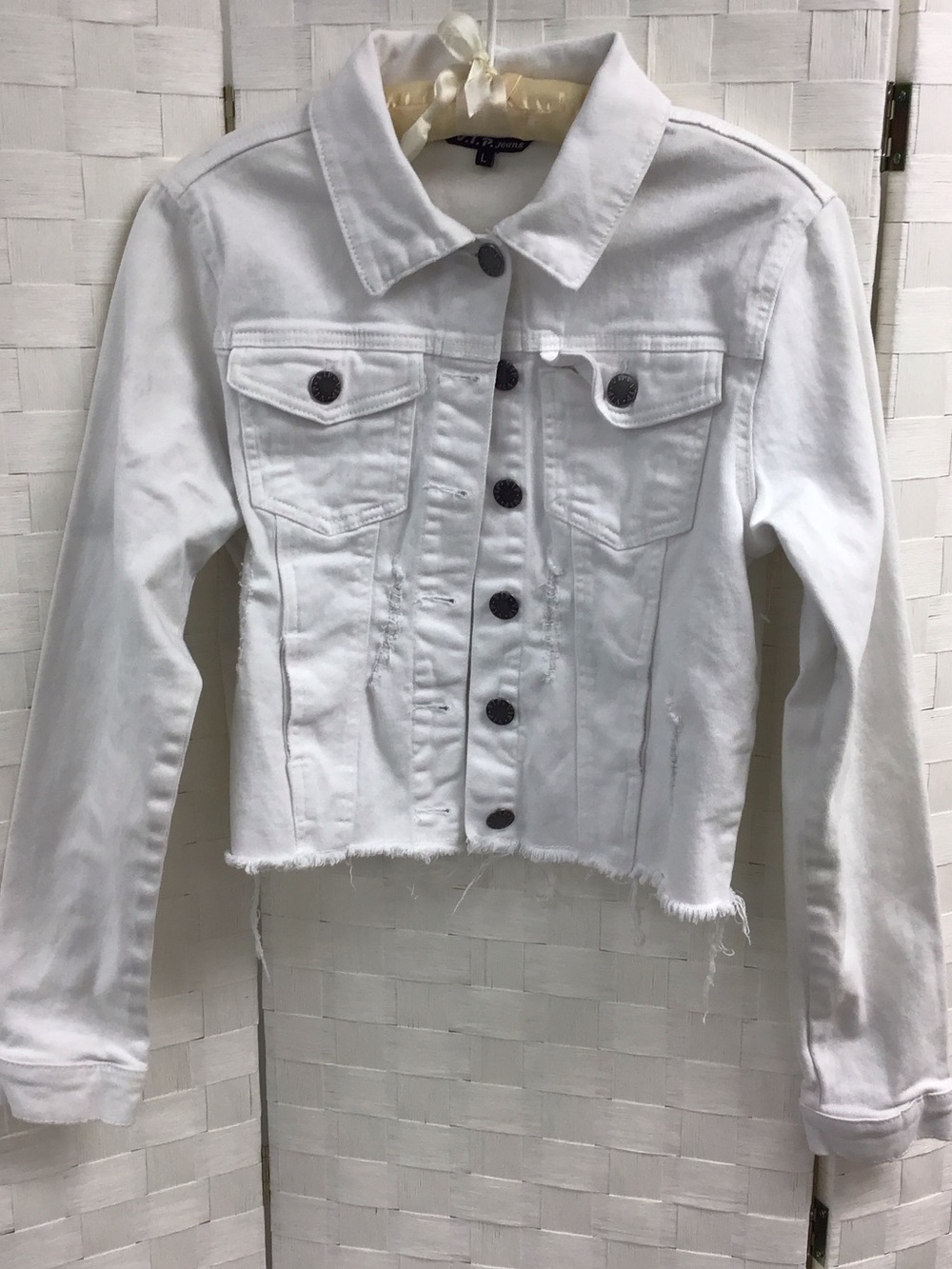 VIP White Cropped Denim Jacket with Frayed Hem